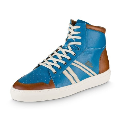 Basketballer Ledersneaker in Azurblau, Cognac und Cremeweiß