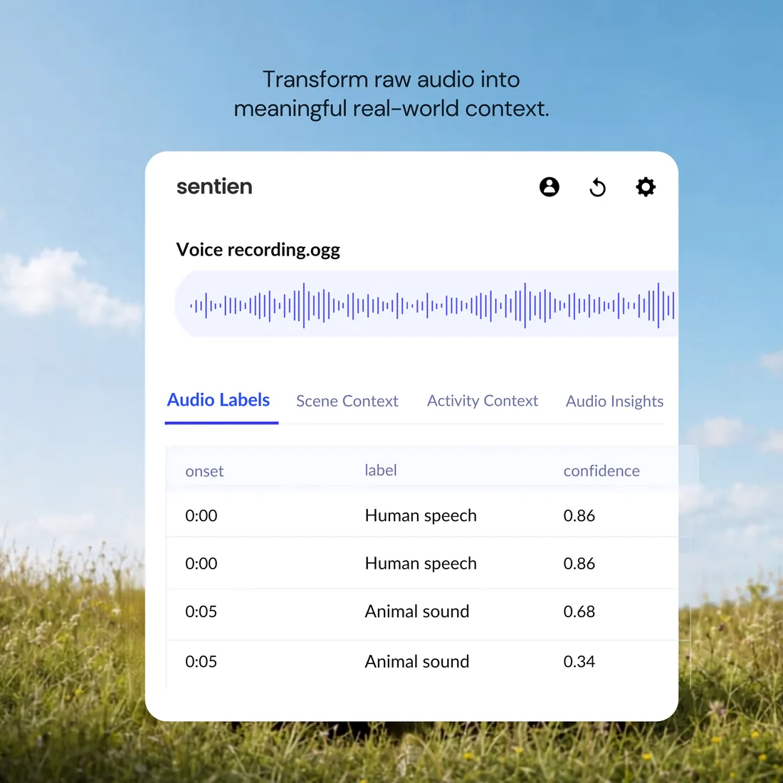 Sentien: erkannte Audio-Labels mit Onset-Zeit und Konfidenzscore