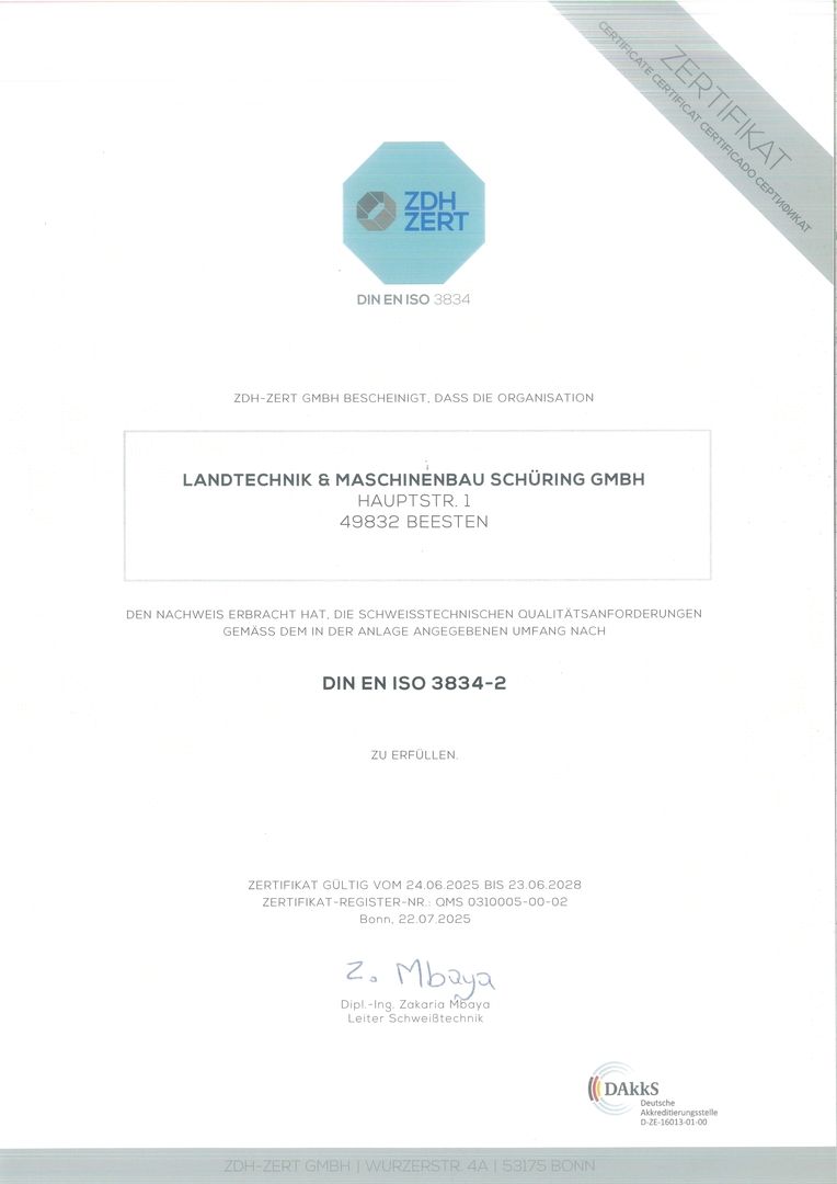 DIN EN 3834-2 certificate, valid until 2028