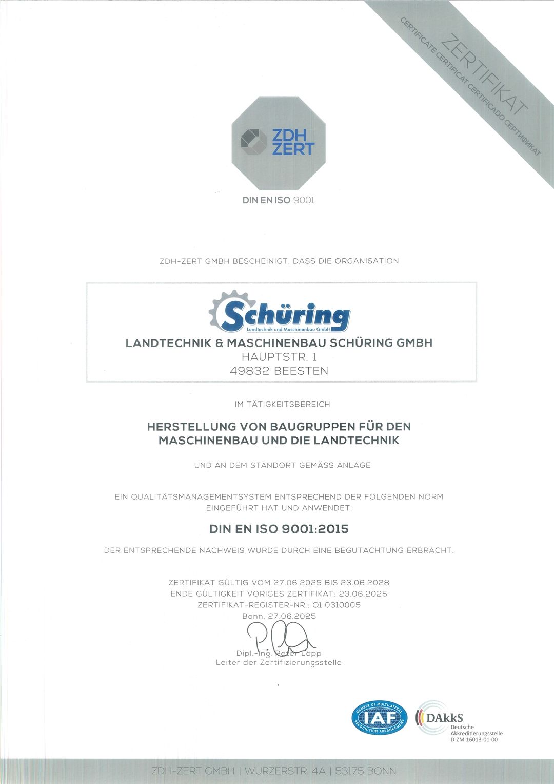 DIN EN ISO 9001 certificate, valid until 2028