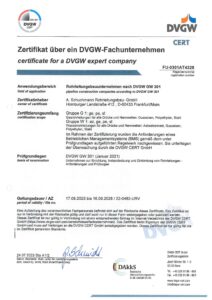 DVGW GW 301 Zertifikat G1, W1 (gültig bis 16.09.2028)