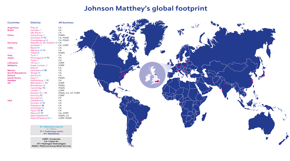 Globaler Standort-Fußabdruck von Johnson Matthey