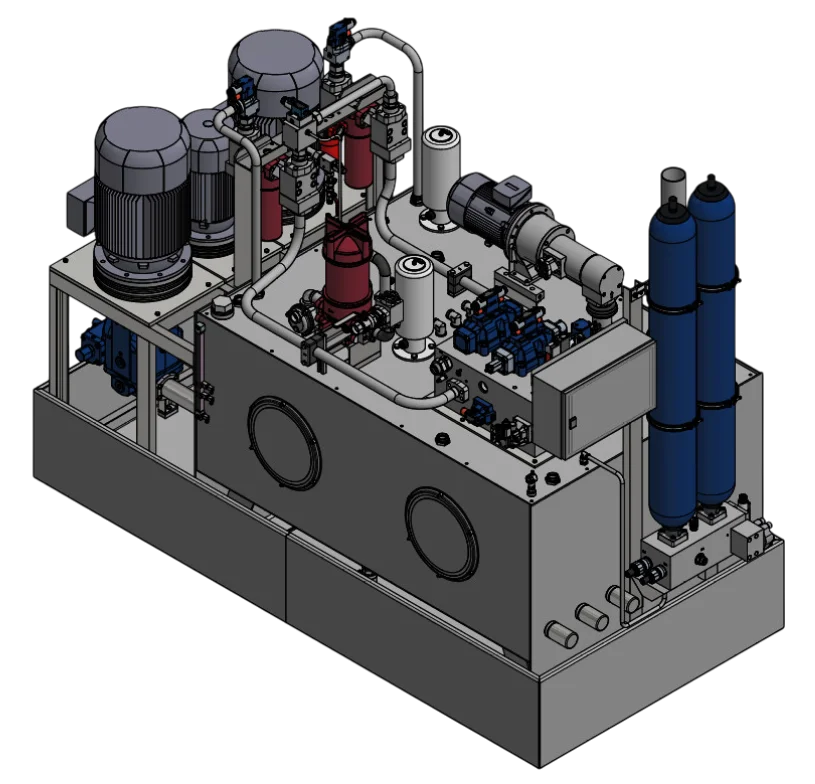 Maßgefertigtes Hydraulikaggregat mit Druckspeichern und Doppelantrieb