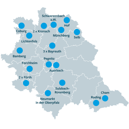 Karte der 21 Standorte in Nordbayern