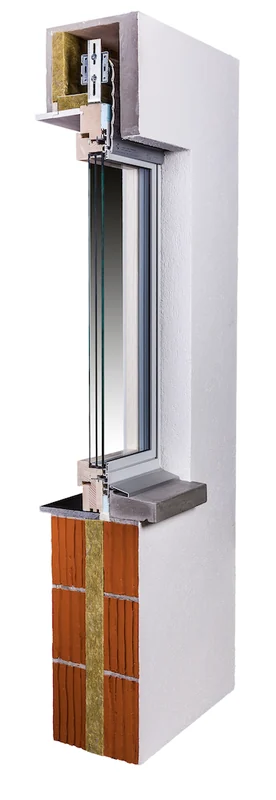 Facade section: wood-aluminium window with insulated roller shutter box
