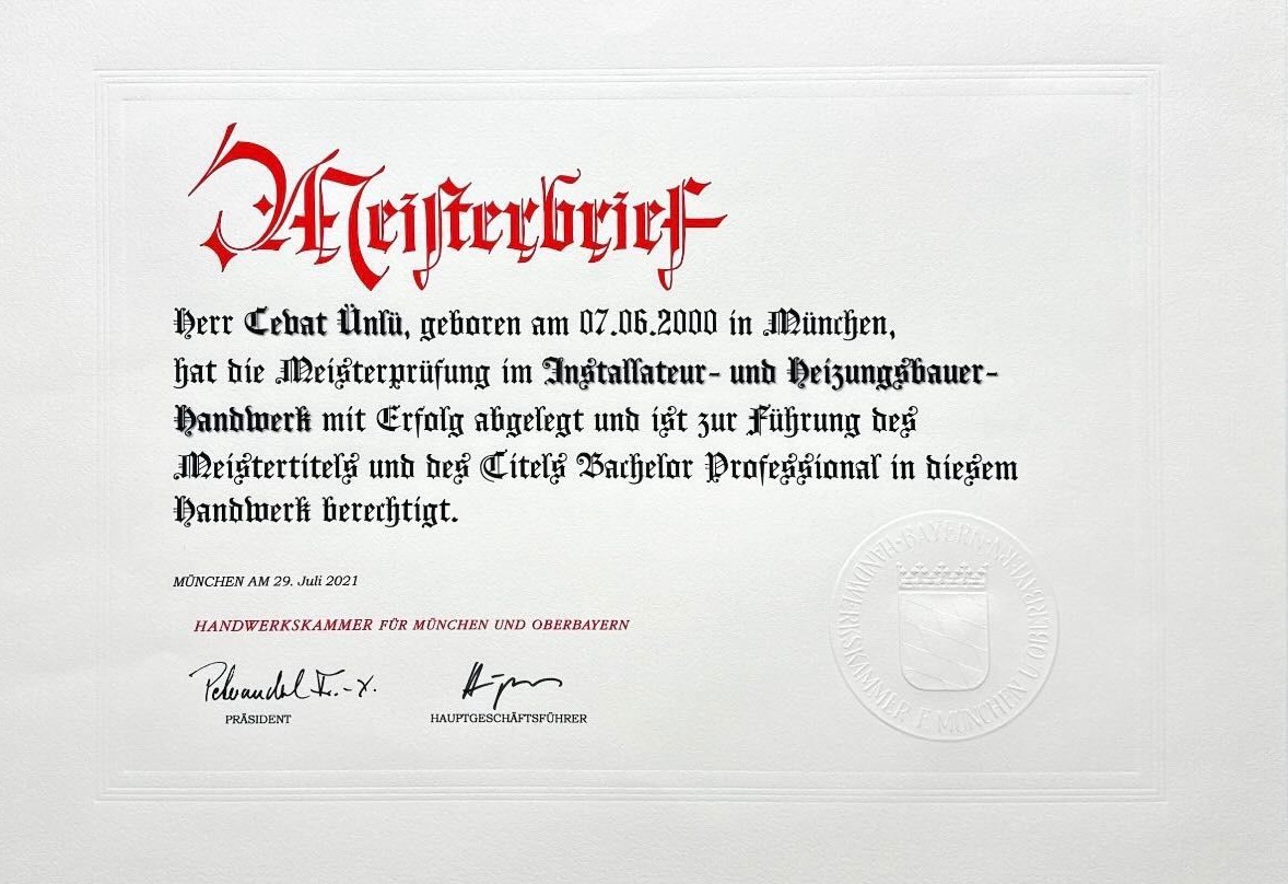 Meisterbrief der Handwerkskammer für München und Oberbayern