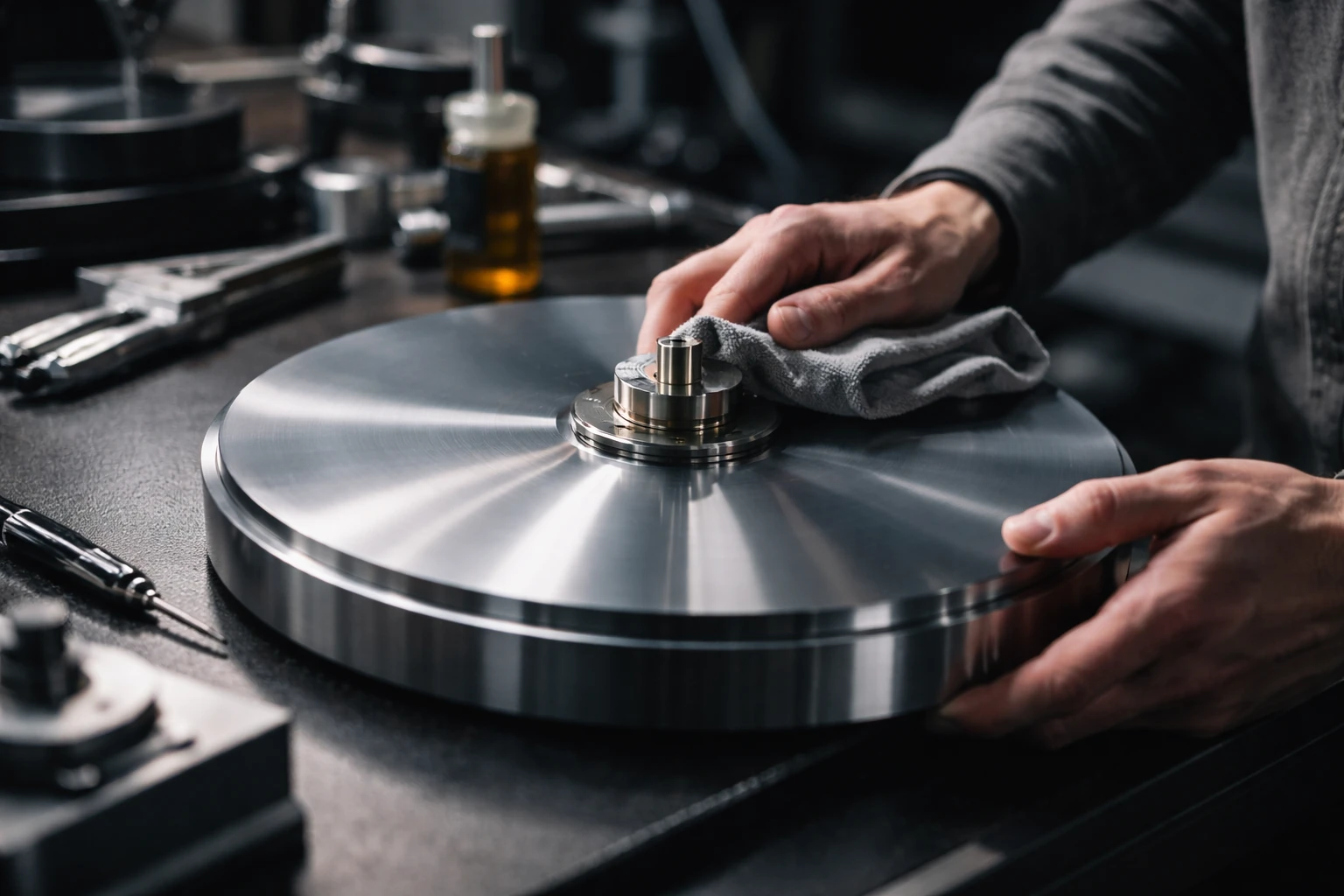 Handpolieren eines massiven Aluminium-Plattentellers