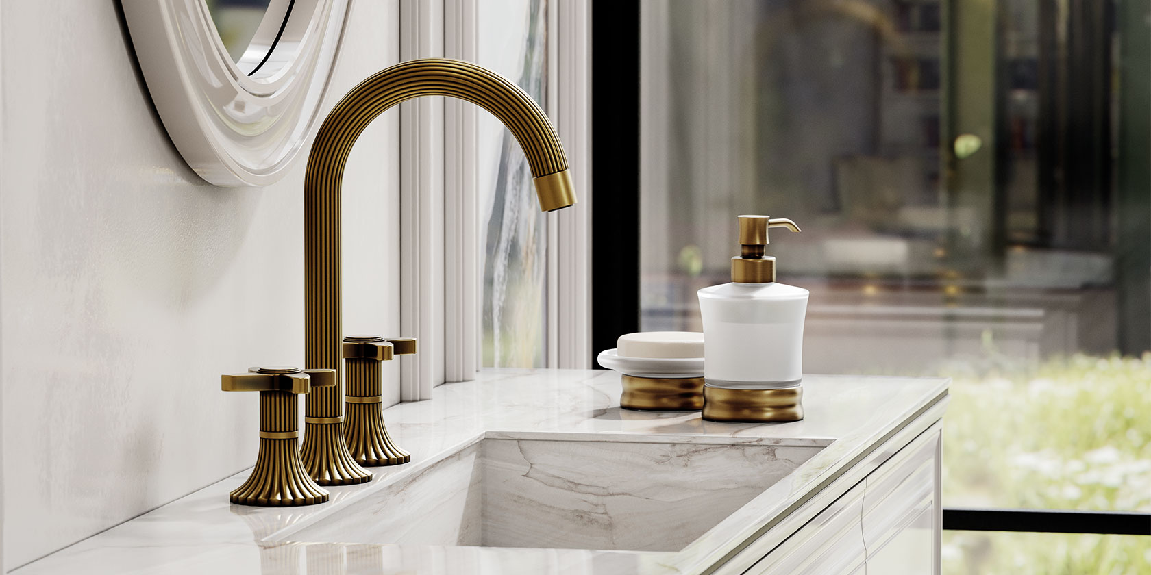 Waschtisch-3-Loch-Batterie Cronos in Bronze mit freistehenden Accessoires