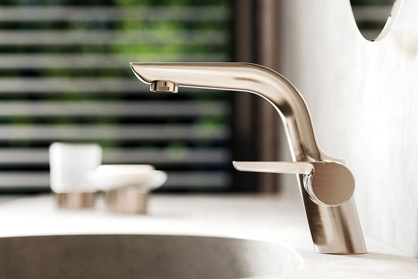 Exal – Waschtischarmatur und freistehende Accessoires in Nickel matt