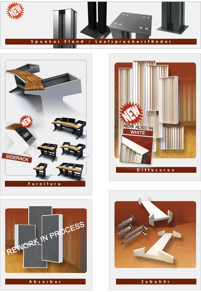 Produktkategorien (Diffusoren, Absorber, Studiomöbel, Lautsprecherständer, Zubehör)
