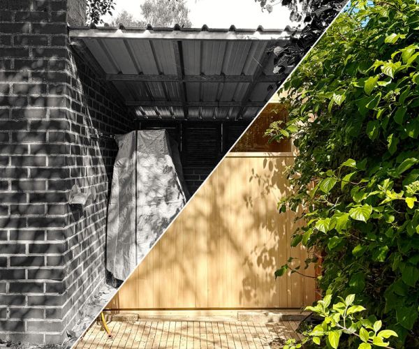 Outdoor-Sauna unter Pergola