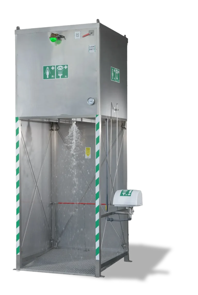Tank-Notdusche aus Edelstahl mit integrierter Augendusche