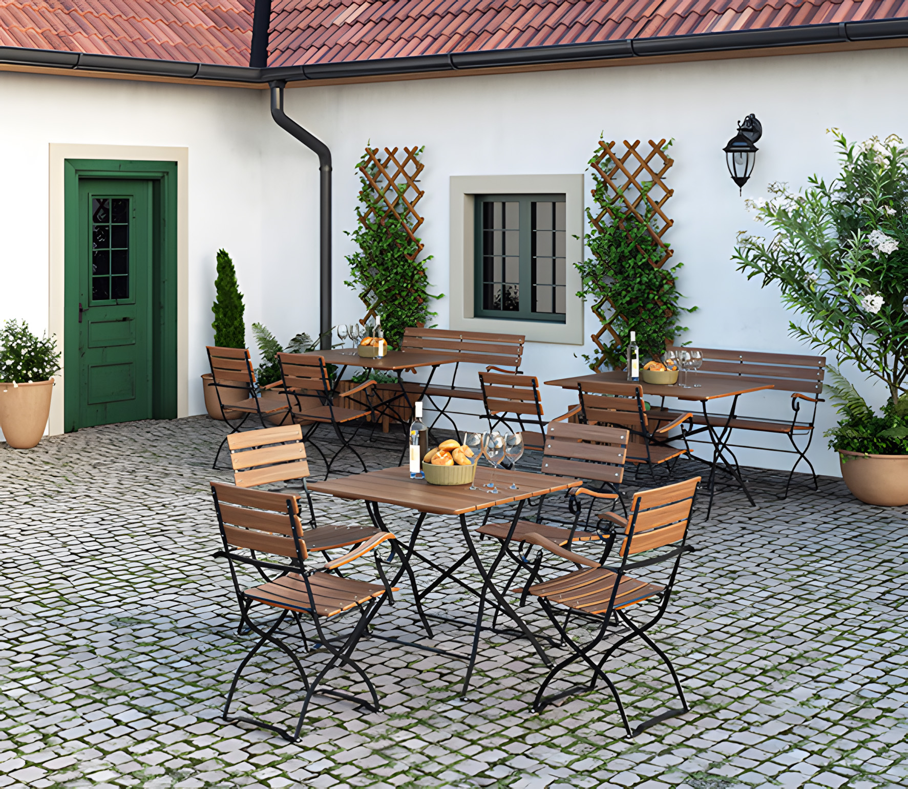 Sessel und Bänke mit Tischen