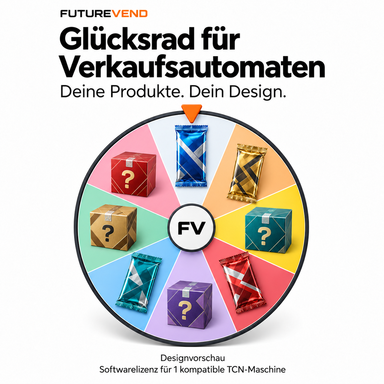 Designvorschau FutureVend Glücksrad mit Booster-Packs und Mystery Boxes