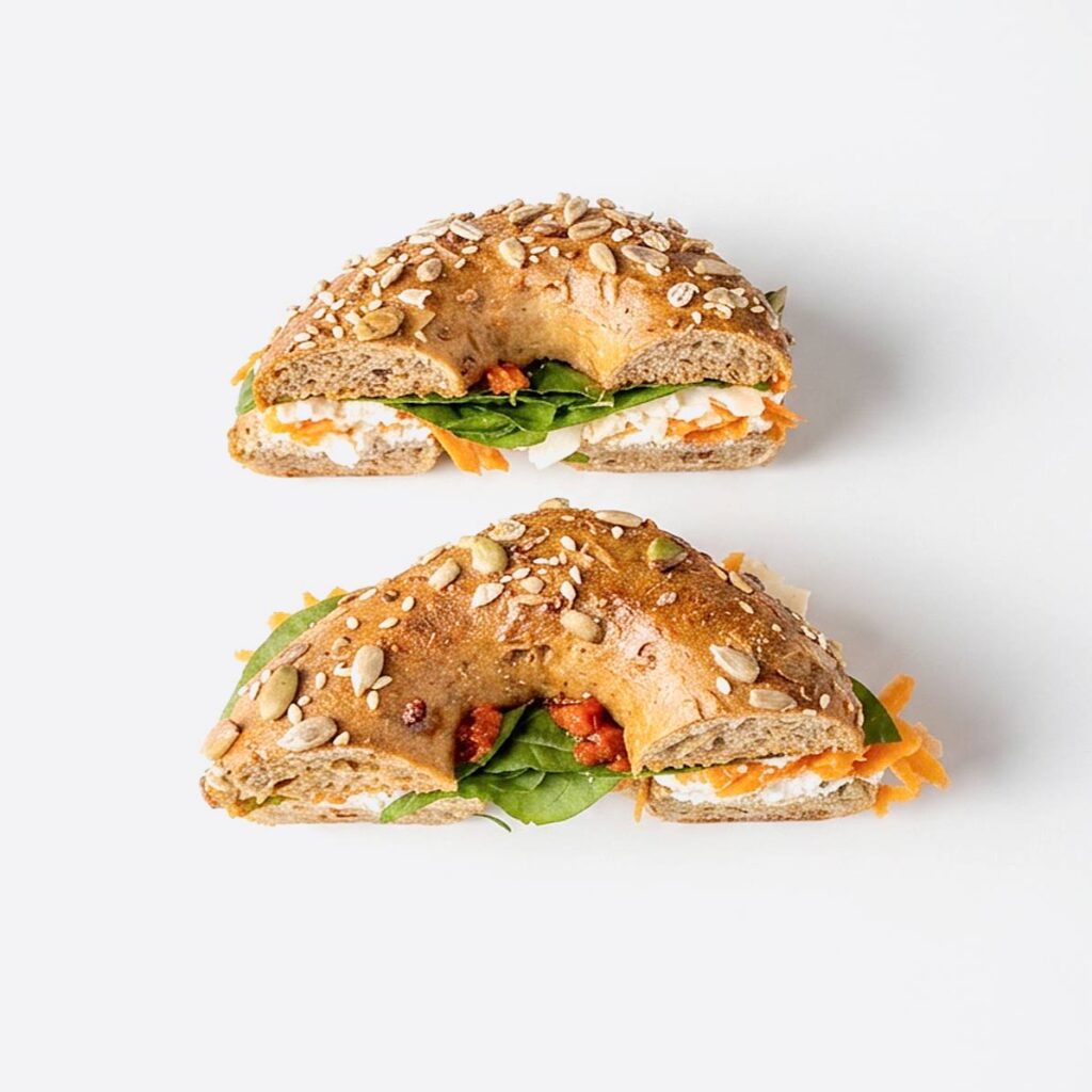 Protein Bagel with parmesan, fresh carrot and spinach