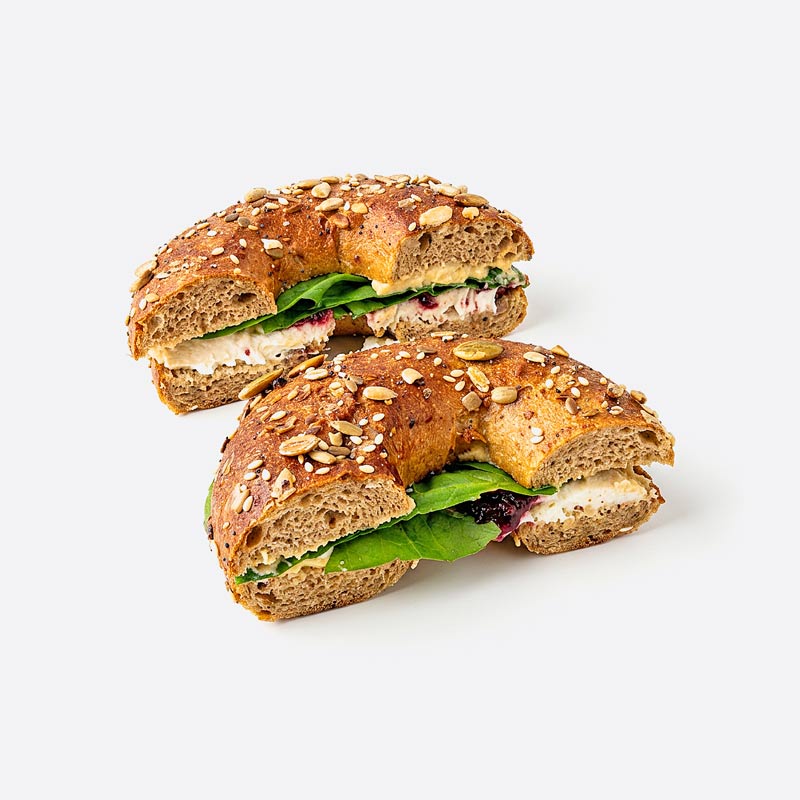 Protein Bagel with cottage cheese, grilled chicken breast and cranberries