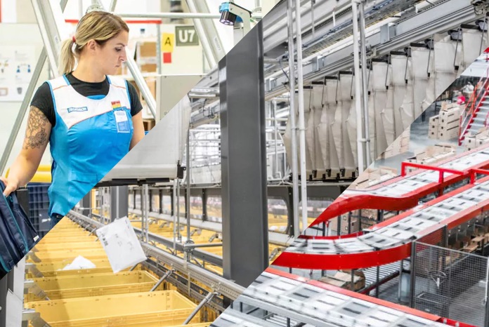 Automatisiertes Fördersystem mit Lagerarbeiterin