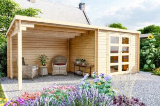 Gartenhaus Flachdach mit Seitendach 28 mm NWH Harz 28237