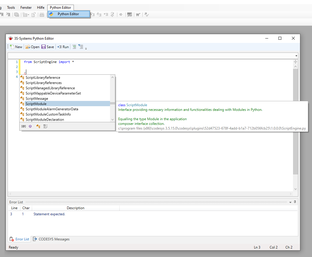 PythonEditor-Plugin für CODESYS ScriptEngine