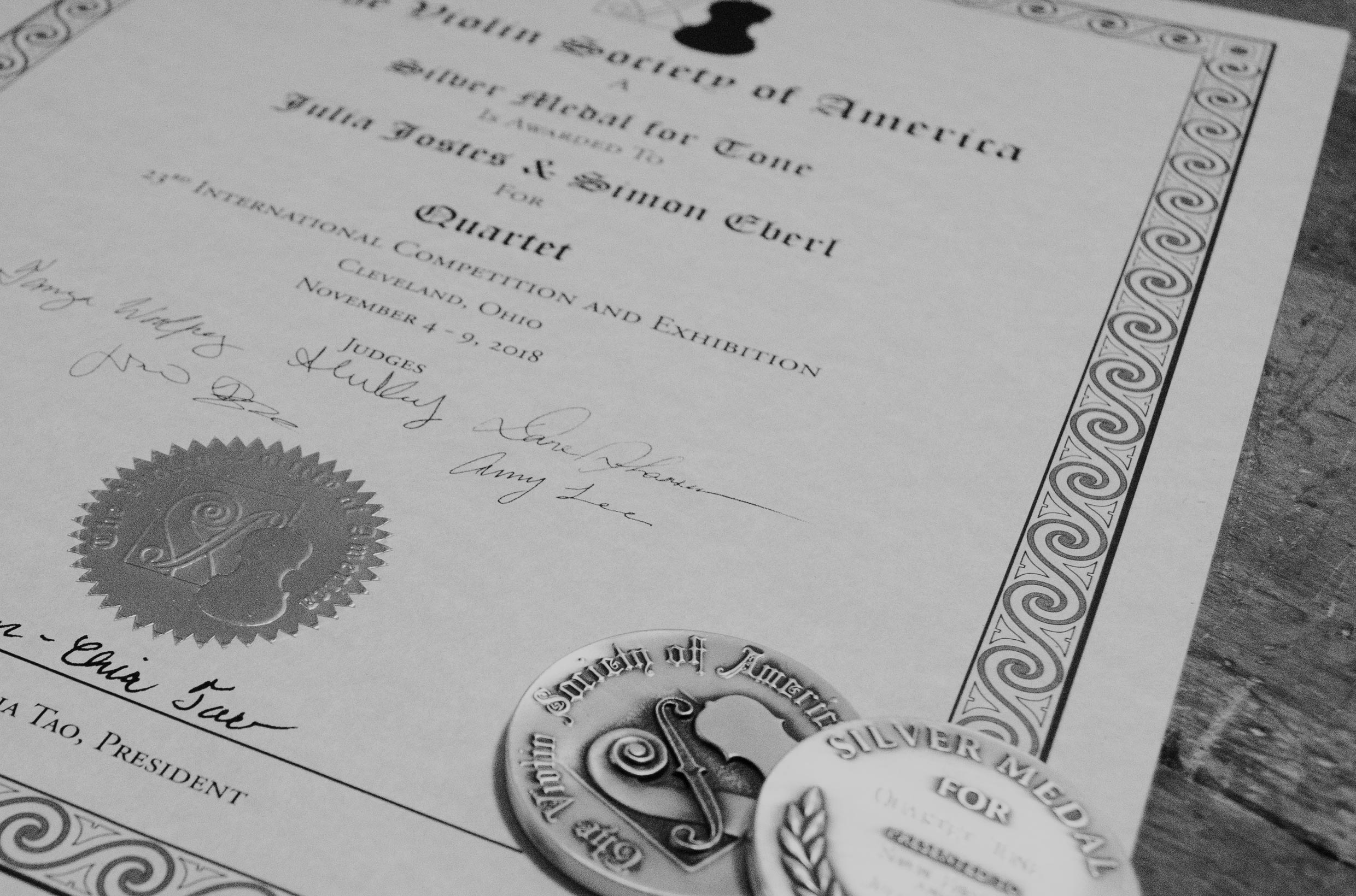 Silver Medal for Tone (Quartett), Violin Society of America, 2018