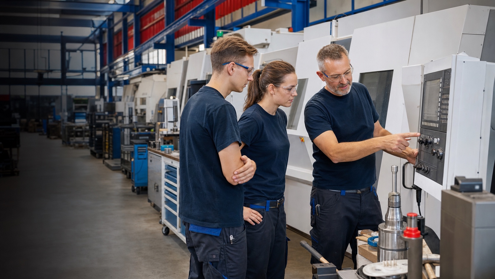 Team an einer CNC-Maschine