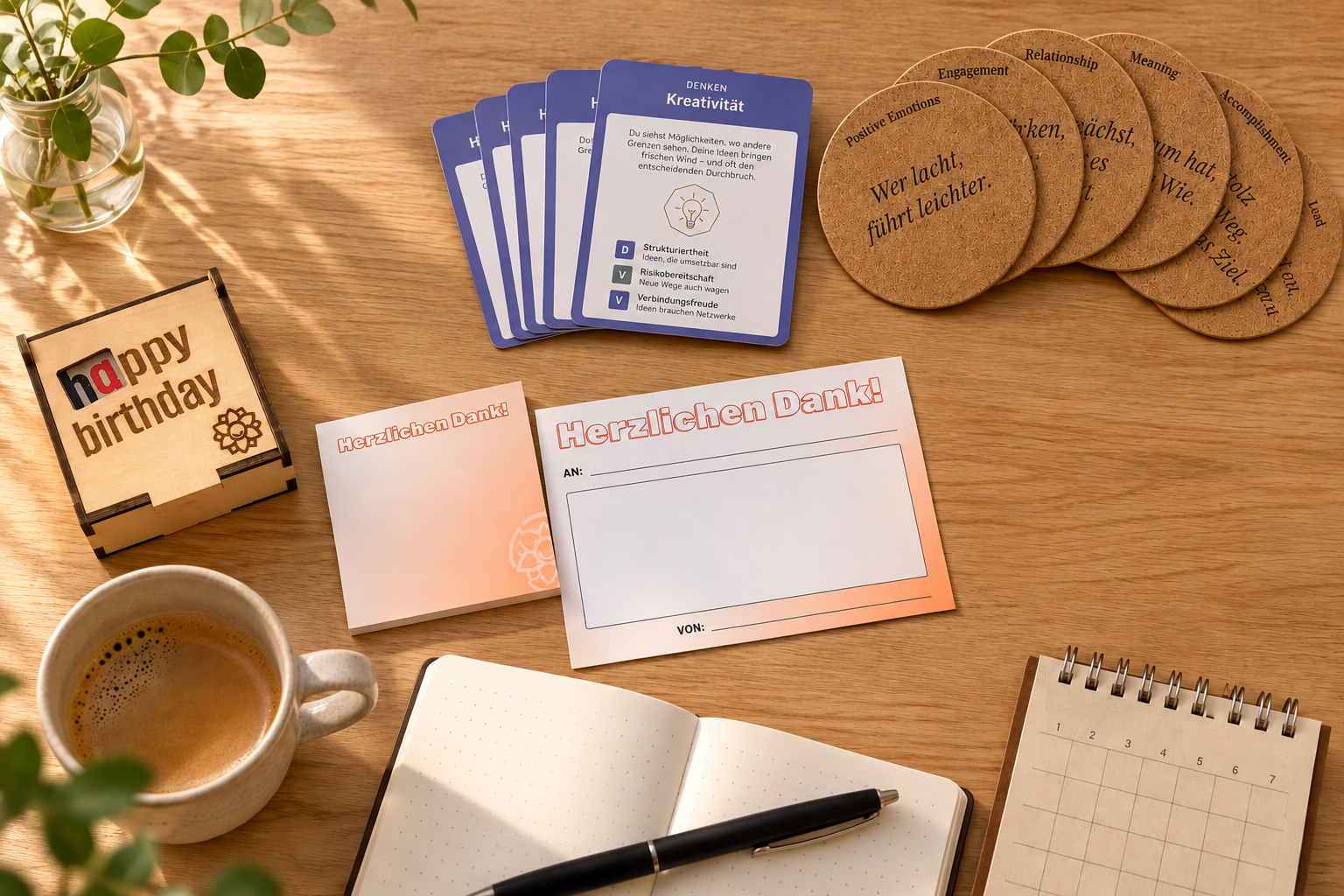 Positive Leadership Toolbox: Stärkenatlas-Karten, Dankzettel und Holzbox