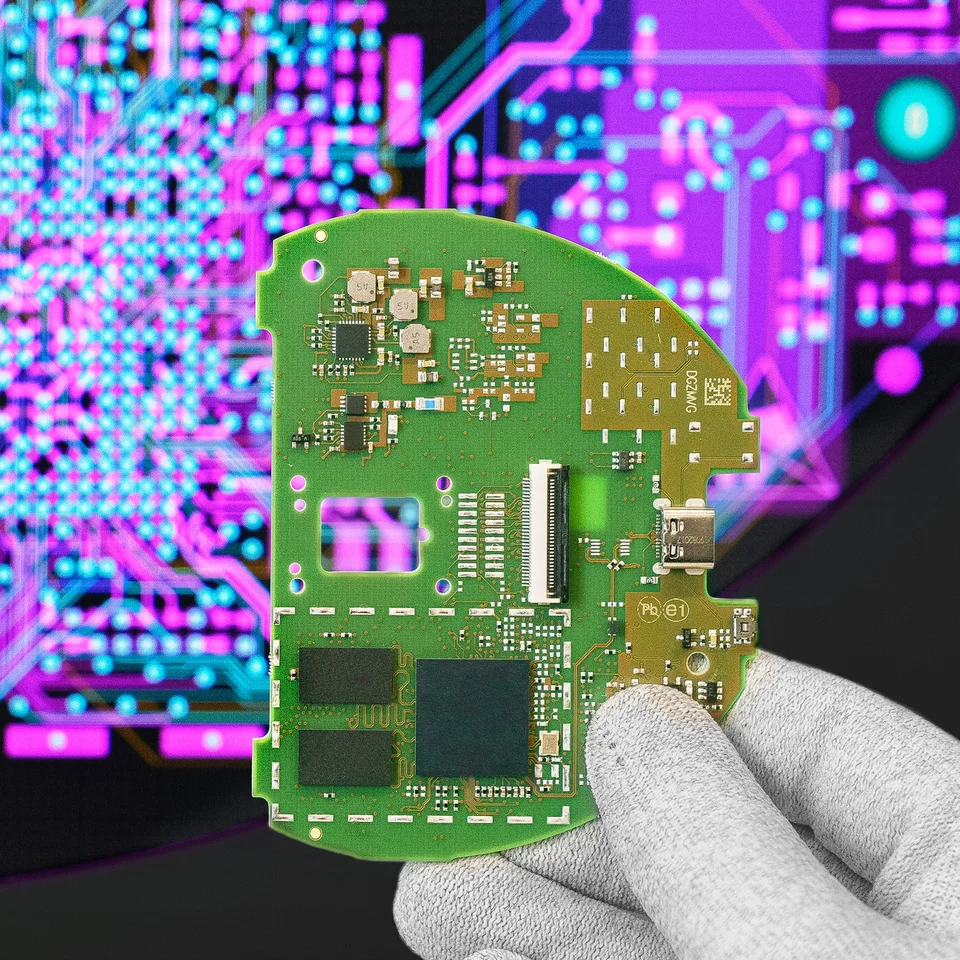 Entwicklungsingenieur mit Leiterplatte vor PCB-Design am Bildschirm