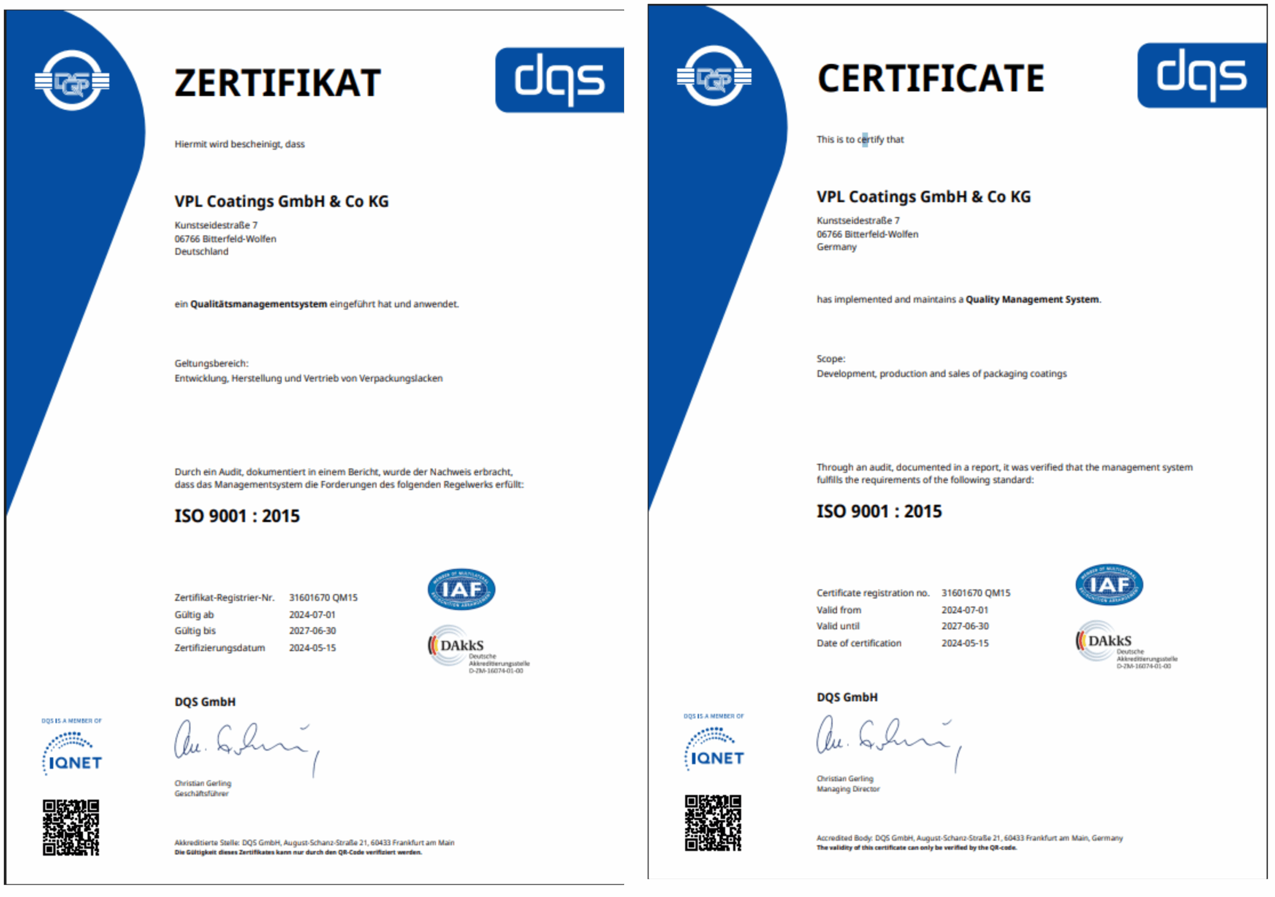 ISO 9001:2015 Zertifikat (DQS)