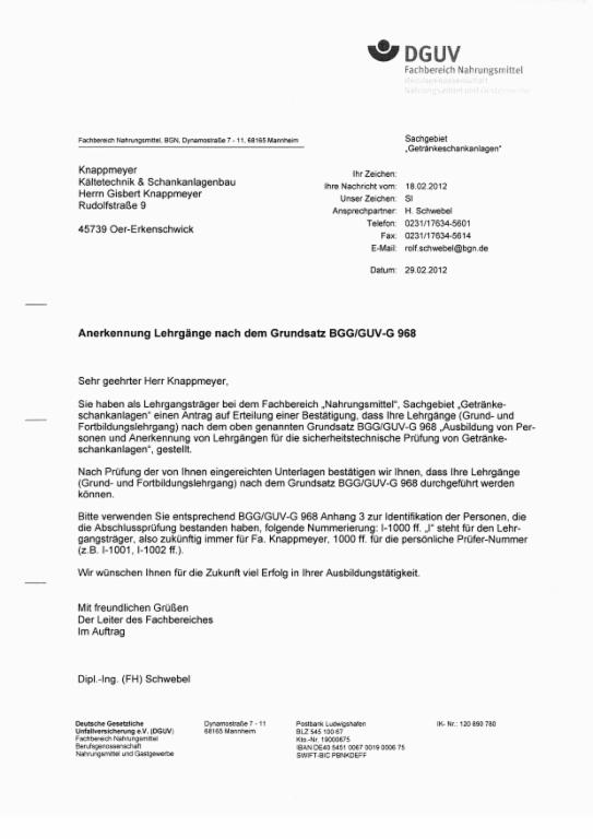 Anerkennung als Lehrgangsträger der BGN (01.03.2012)