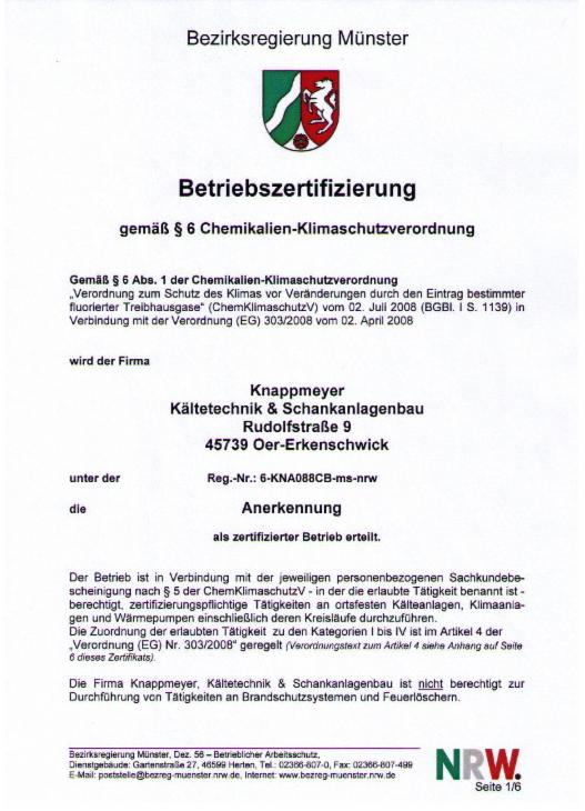 Zertifikat Kältefachbetrieb gemäß §6 Chemikalien-Klimaschutzverordnung