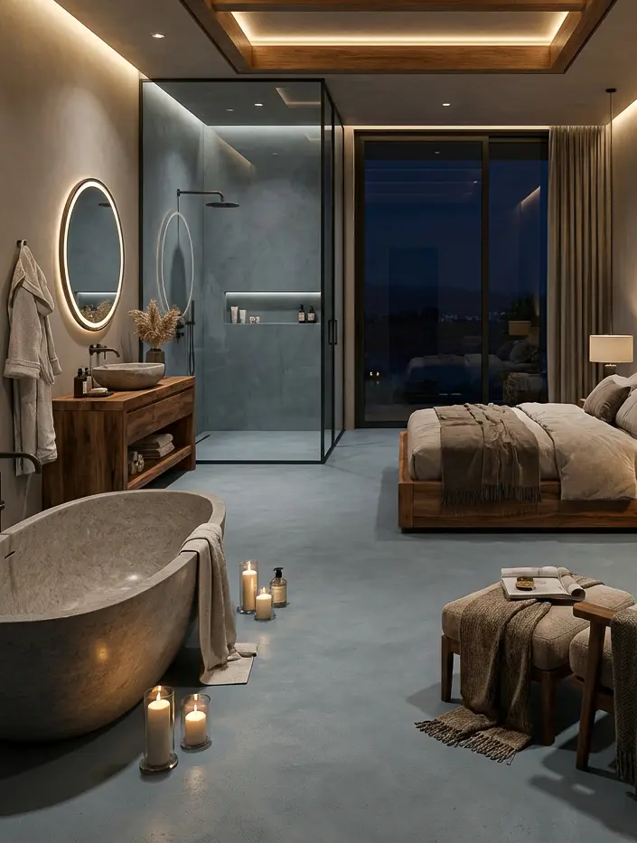 Schlafzimmer mit blaugrauem Spachtelboden