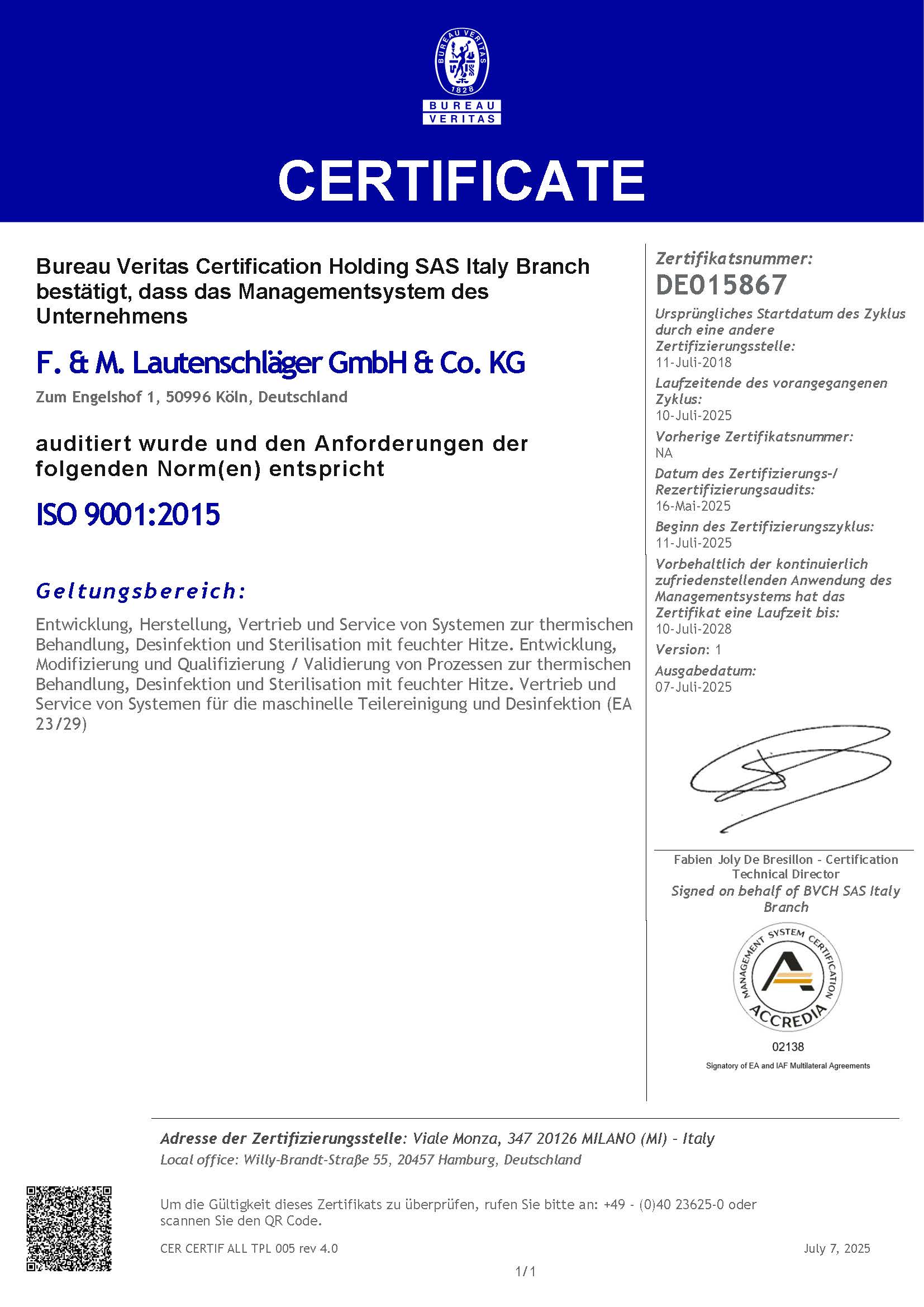 Zertifikat ISO 9001:2015