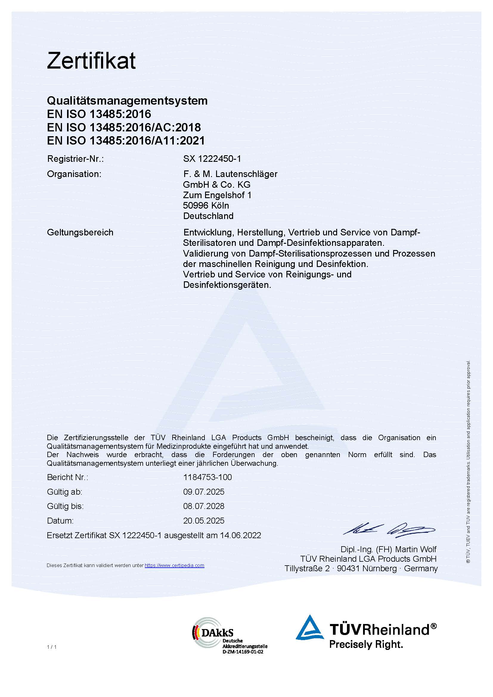 Zertifikat EN ISO 13485:2016