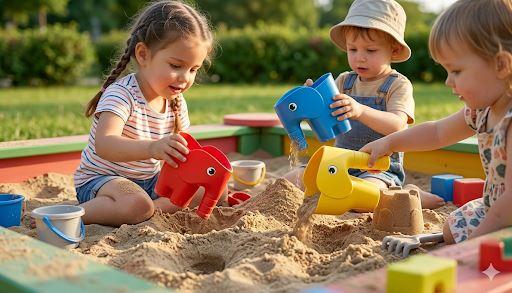 Kinder im Sandkasten mit Elefantenschaufel