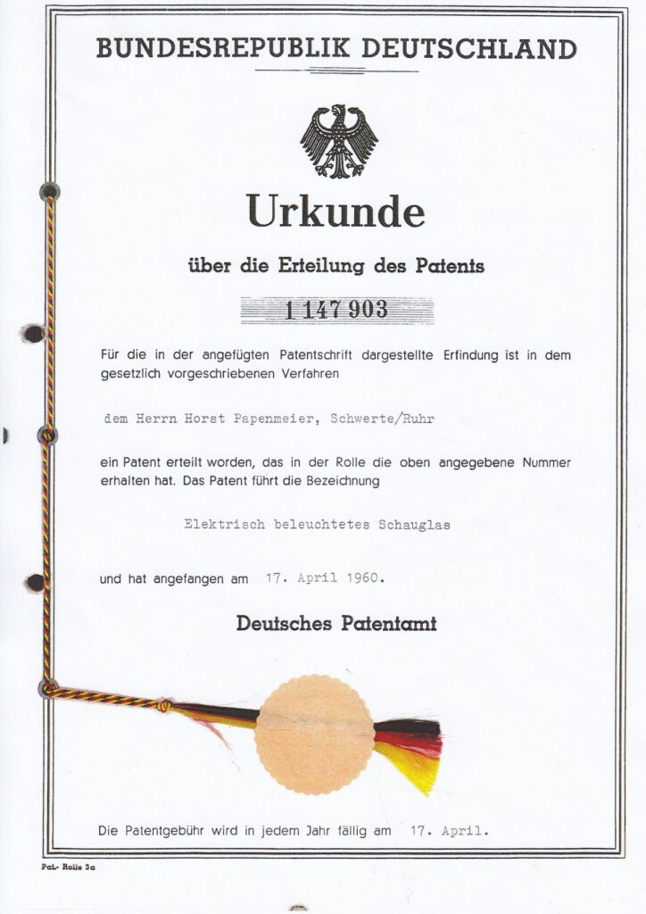 Patenturkunde Lumiglas-Leuchte, 1960