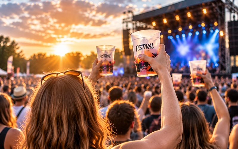 Bedruckte Mehrwegbecher im Festival-Einsatz