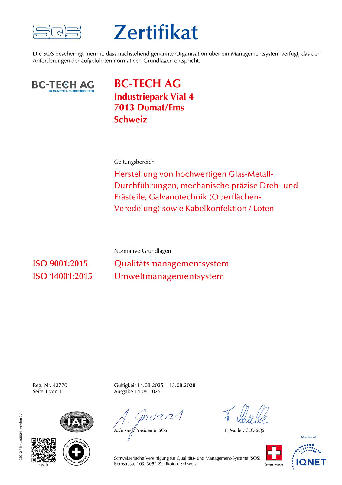 SQS-Zertifikat ISO 9001/14001