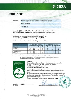 DEKRA-Urkunde Fachbetrieb gemäß WHG