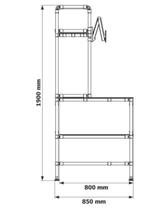 Workstation with perforated panel and drawer, dimensions on the left