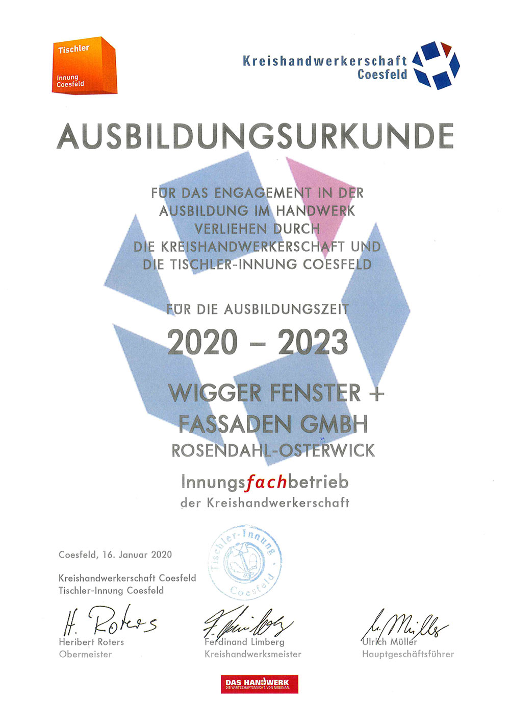 Urkunde Ausbildungsbetrieb der HWK