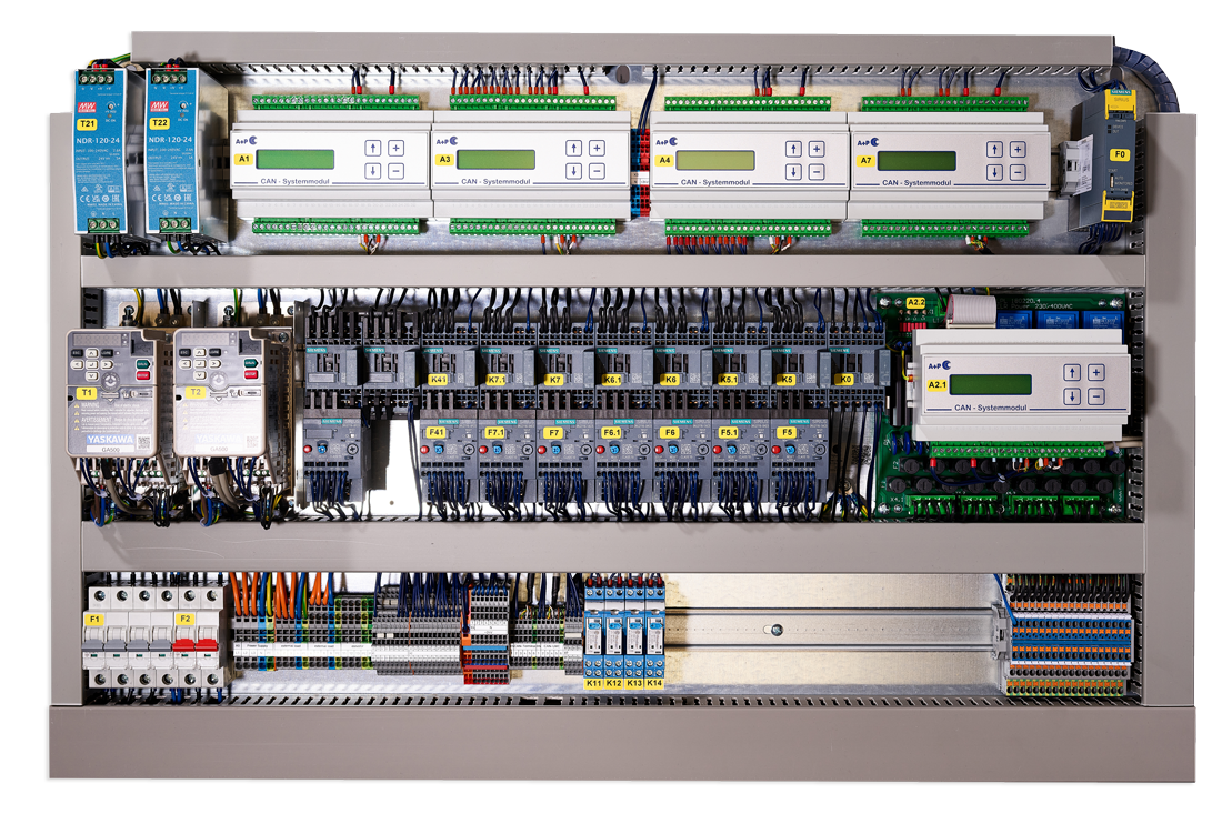 Steuerungsschaltschrank (eigene I/O-Module, Frequenzumrichter, Not-Aus-Kreis)