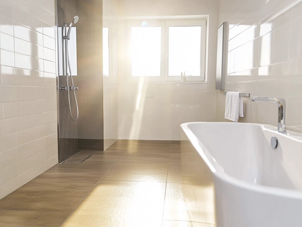 Badsanierung mit Regendusche und Holzoptik