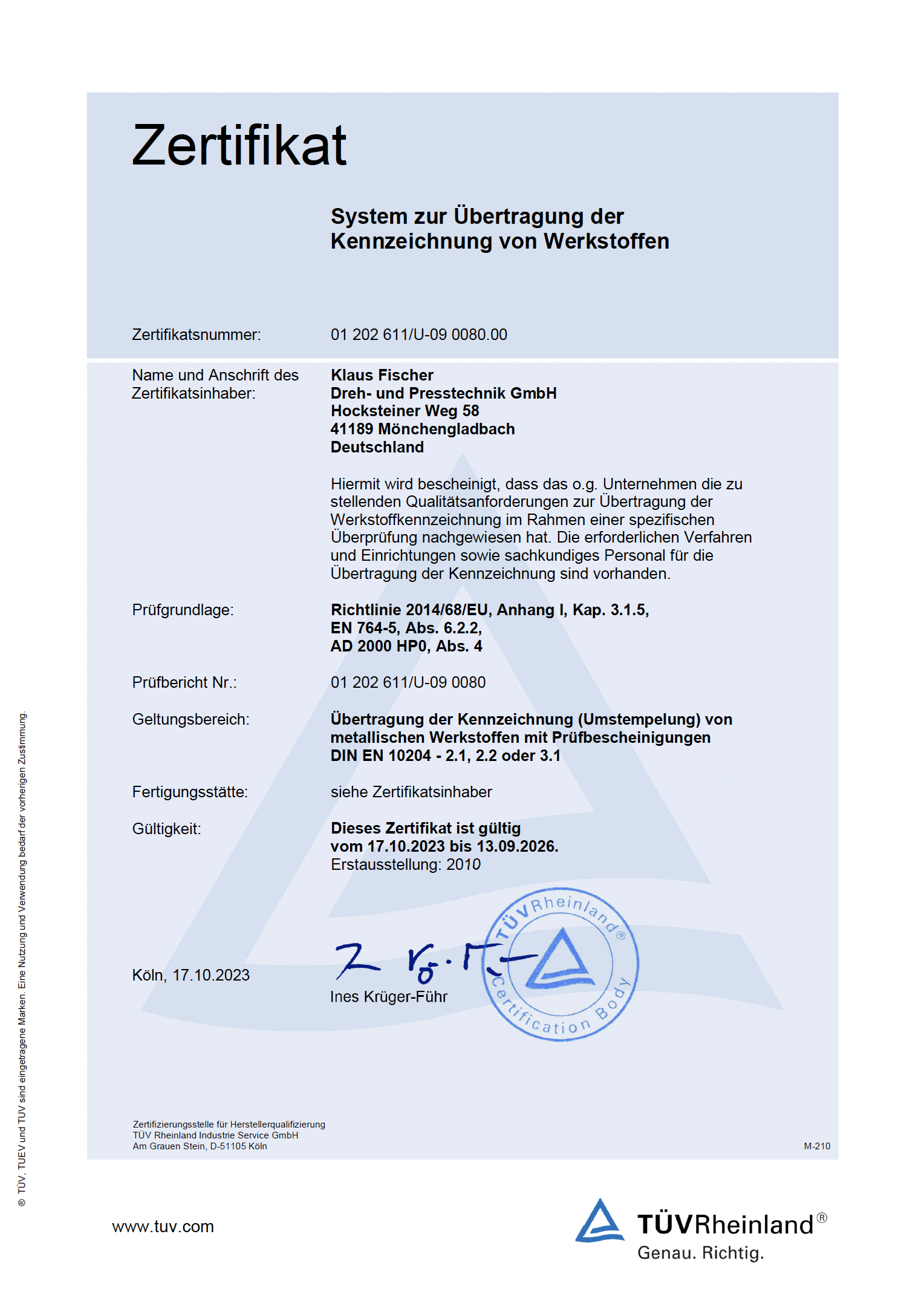 TÜV-Zertifikat Werkstoffkennzeichnung (TÜV Rheinland)