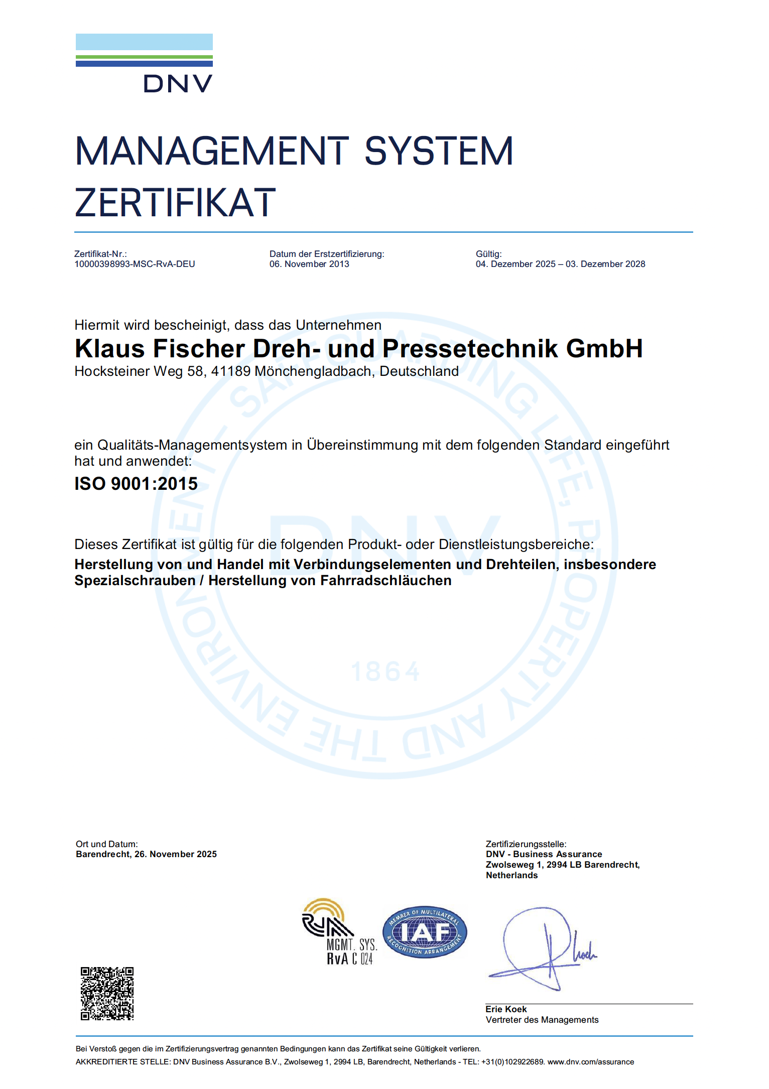 ISO 9001:2015-Zertifikat (DNV)