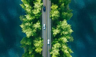 Straße mit Verkehr zwischen Wald