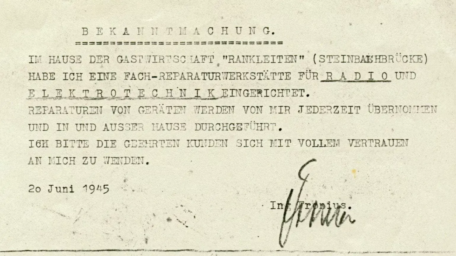 Öffentliche Bekanntmachung der Unternehmensgründung 1945