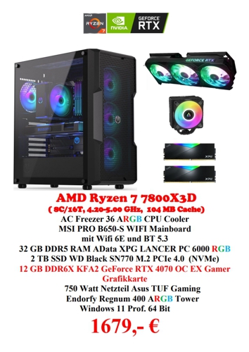 Gaming-Komplettsystem mit AMD Ryzen 7 7800X3D und RTX 4070
