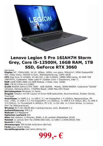 Notebook Lenovo Legion 5 Pro 16IAH7H