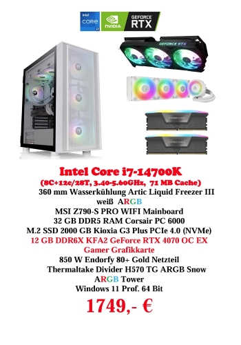 Gaming-Komplettsystem mit Intel Core i7-14700K und RTX 4070