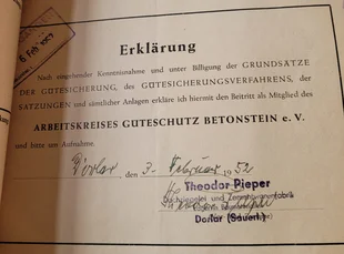Beitrittserklärung zum Güteschutz Betonstein von 1952